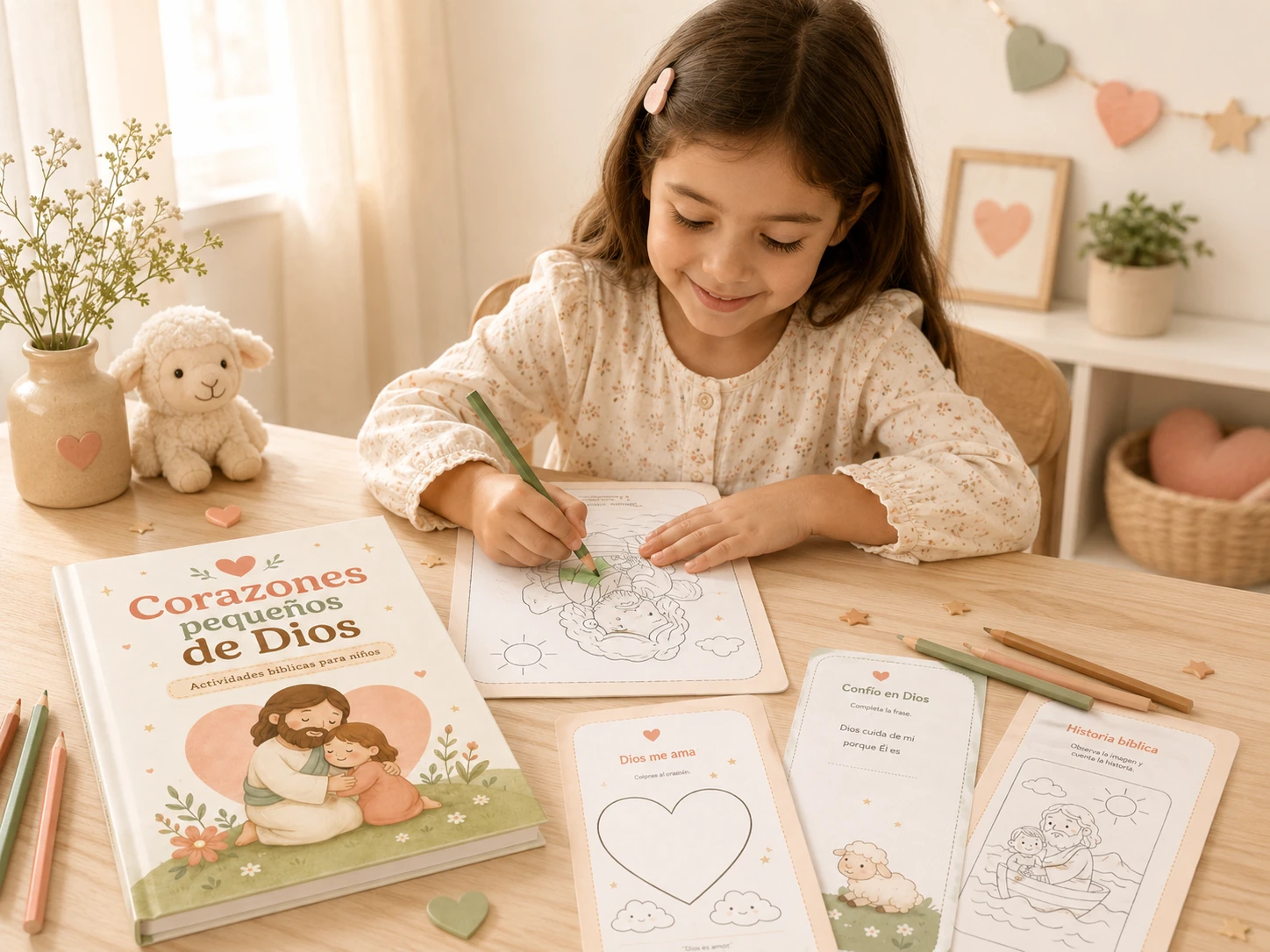 Niña coloreando una actividad bíblica del cuaderno Corazones pequeños de Dios